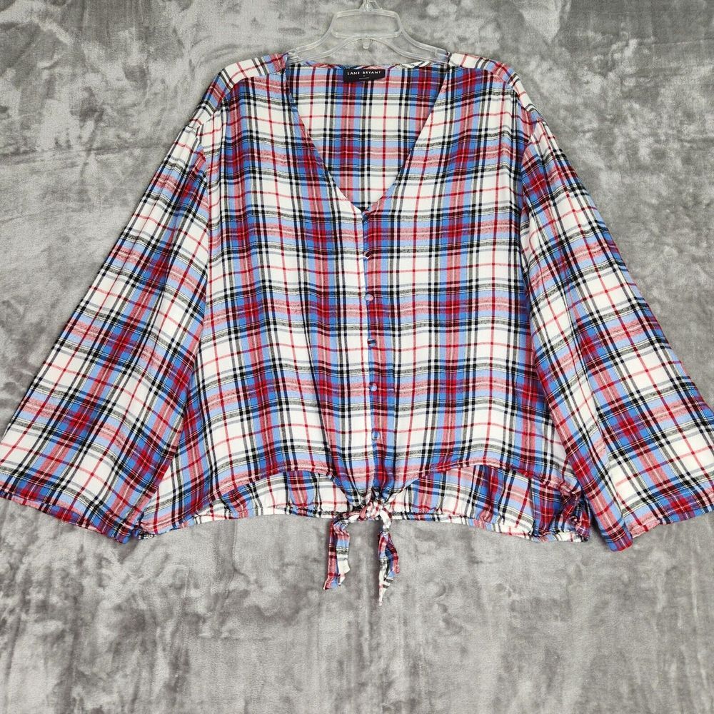 Lane Bryant Womens Blouse 20 Blue Red‎ Plaid Flannel Button Up Tie Waist Western